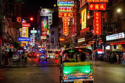 Shopping street with neon signs and street restaurants, nightlife, Yaowarat Road, Chinatown,