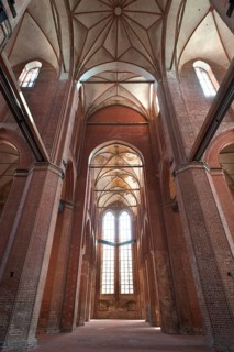 Empty interior of St Georgen, Gothic brick building of the 14th century, under reconstruction,