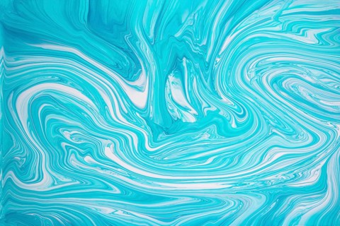 A captivating abstract design featuring turquoise and white acrylic paint swirls. The fluid pattern