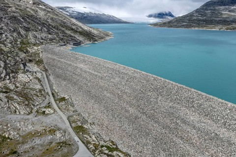 Dam at lake Styggevatnet, Styggevatn, Jostedal glacier, aerial view, Norway