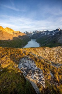 Picturesque mountain landscape at the summit Mont de la Blana at sunset, view of blue mountain
