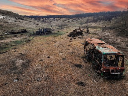 From above, this image captures the harsh reality of war in Ukraine, showing several burned out