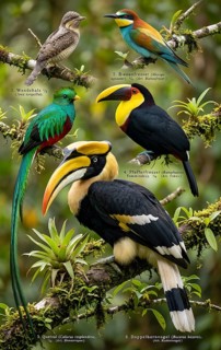 Display board climbing birds, double hornbill (Buceros bicornis), quetzal (Pharomachrus mocinno),