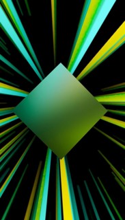 A vibrant 3D render featuring a central glowing cube surrounded by dynamic green and yellow beams