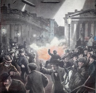World War 1, Zeppelins at work, bombing, panic in the streets of an English town (original picture
