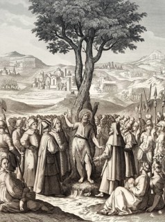 John the Baptist tells people about Jesus at the Jordan, Steel engraving 1853, digitally restored