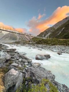 Suspension bridge on the Hooker Valley Track hiking trail, Mount Cook National Park, South Island,