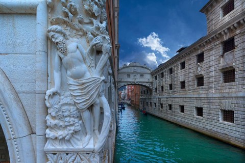 Bridge of Sighs, a sculpture on the left, Noah's drunkenness at the Ducal Palace, Venice, Veneto,