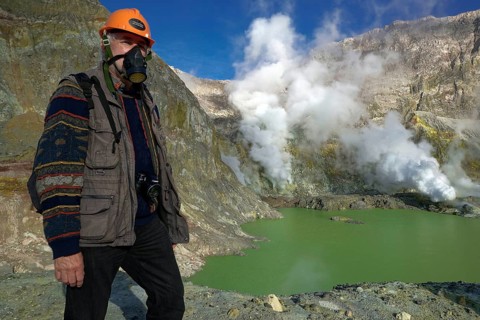 New Zealand, island, White Island, geothermal, gases, volcanism, man wearing respirator, gas mask,