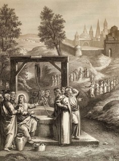 Jesus talks with a Samaritan woman, the Samaritan woman returns, New Testament, Steel engraving