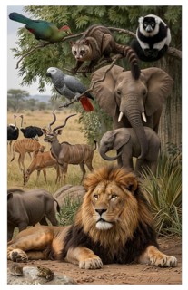 Display board Ethiopian fauna, lion, elephant, ostrich, antelope, kudu, parrot, Africa, wildlife,
