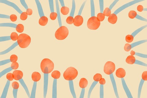 An abstract illustration featuring playful orange circles and blue fluid lines on a beige
