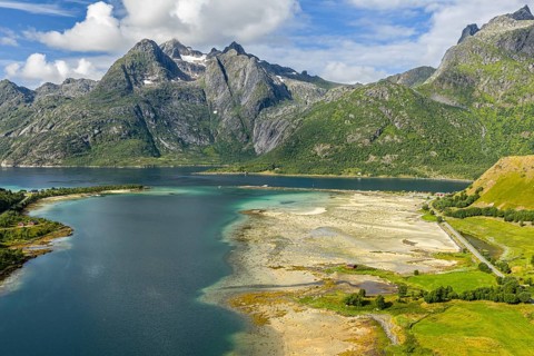 Aerial view of a bay at Raften at the Raftsund, the waterway between Lofoten and Vesteralen, Norway