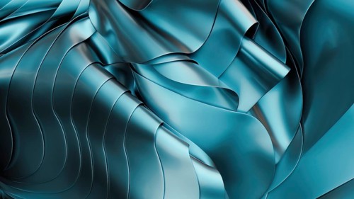 An abstract image showcasing blue metallic waves with a fluid, glossy texture in 3D. The flowing