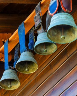 Cowbells as decoration, Grimentz, Val d'Anniviers, Valais Alps, Canton Valais, Switzerland