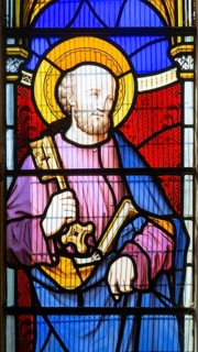 Stained glass window of Saint Peter by Thomas Willement 1848, Theberton church, Suffolk, England,