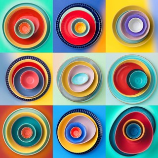 A vibrant collection of nine stacked plates arranged in a grid pattern. Each set features a unique