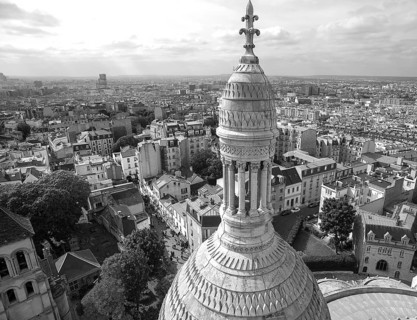 Sacré-Cœur Basilica tower, church in Motmartre, black and white, Paris, France