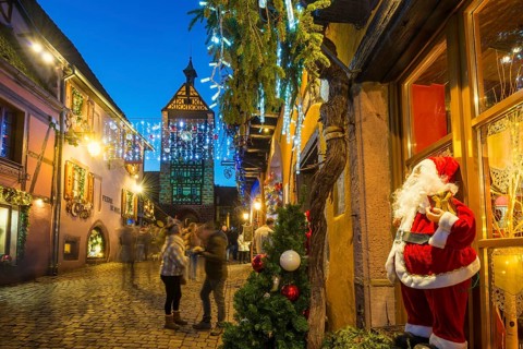 Colour-illuminated and Christmassy decorated half-timbered houses, blue hour, Christmas market,