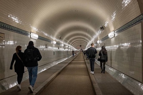 People, pedestrians, Old Elbe Tunnel, Hamburg, Germany