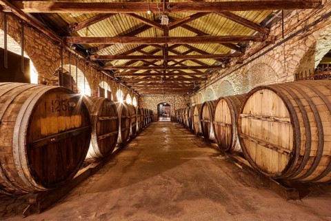 A wine cellar with wooden barrels and rustic stone walls in warm light, Achaia Clauss Winery,