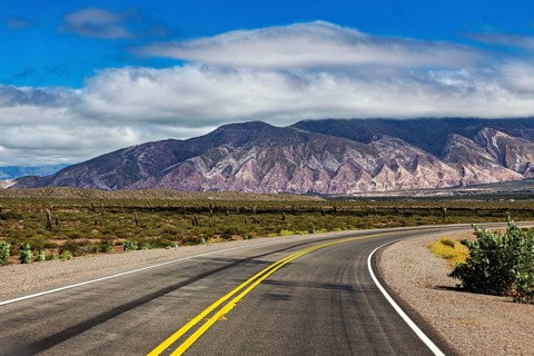 Winding road leads through barren landscape with mountains and cacti, cloudy sky in the background,