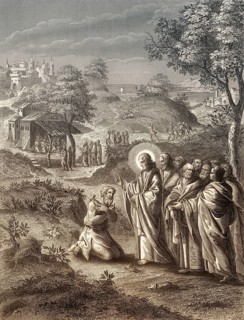 Jesus Christ cures 10 lepers, Steel engraving 1853, digitally restored