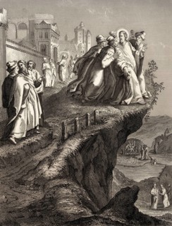 The attempt to throw Christ off a cliff, New Testament, steel engraving 1853, digitally restored