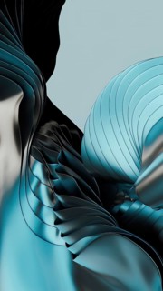 A dynamic abstract composition featuring flowing metallic blue and black curves in 3D. The