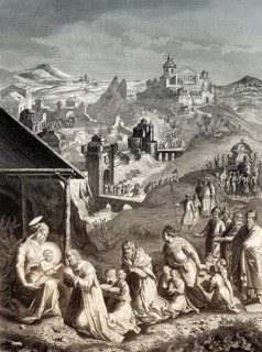 The epiphany of Jesus, Arrival of the Magi, steel engraving, 1853, digitally restored