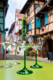 Wine glasses, Eguisheim, Plus beaux villages de France, Haut-Rhin, Alsace, Alsace, France