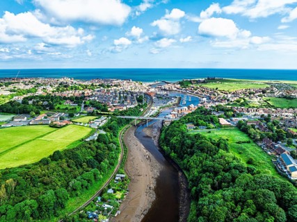 Larpool Viaduct over River Esk and Esk Valley Viaduct from a drone, Whitby, North Yorkshire,