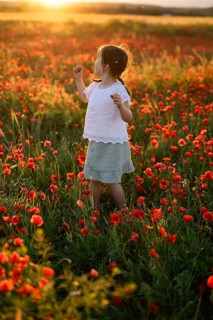 A young girl wanders through a lush field of Papaver rhoeas, commonly known as common poppy or red