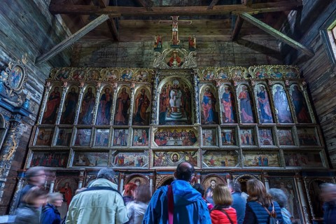 Orthodox chancel painted with iconostases, 16th century Gothic wooden church of St. Paraskevi, with