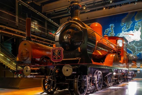 Steam locomotives at Train World, railway museum in Schaerbeek, Schaarbeek, Brussels, Belgium