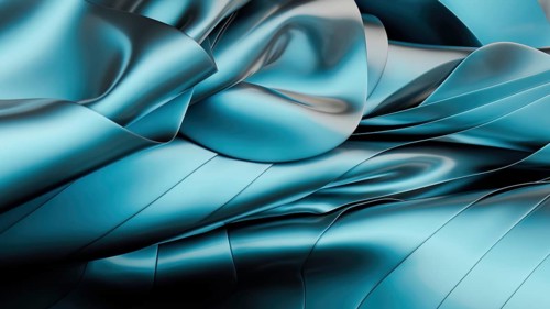 A digitally rendered image captures smooth, flowing waves of metallic blue fabric. The abstract