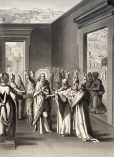 Jesus' debate with the Pharisees after the Feast of Tabernacles, steel engraving 1853, digitally