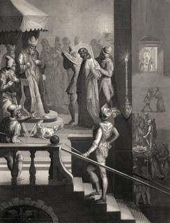 Jesus before Caiaphas, Peter's third denial, New Testament, steel engraving 1853, digitally