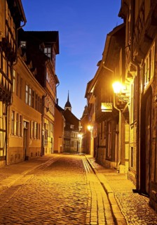 Half-timbered houses in a narrow street with cobblestones, Old Town in the evening, World Heritage