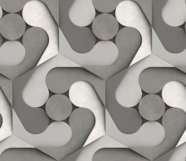 An intricate 3D geometric pattern featuring interlocking shapes in shades of gray, creating a
