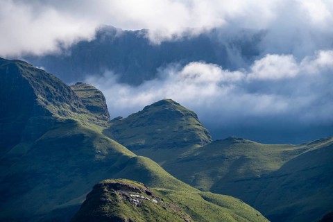 Drakensberg Mountains and Cliffs with Fog, Amphitheatre, Drakensberg National Park, KwaZulu Natal,