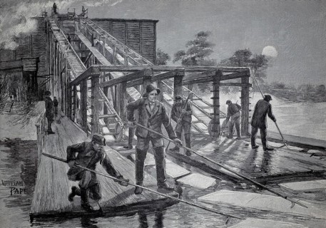 Extraction of ice for cooling, transportation of the ice sheets into storage using the paternoster