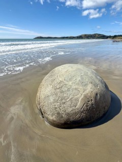 Round stones of the Moeraki Boulders at Moeraki Beach, Moeraki, South Island, New Zealand, Oceania