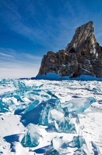 Ice chaos, shaman rock, Lake Baikal, Olkhon Island, Pribaikalsky National Park, Irkutsk Province,