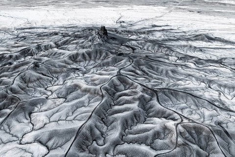 Aerial view of Moonscape Overlook in Utah showcasing intricate erosion patterns and stark