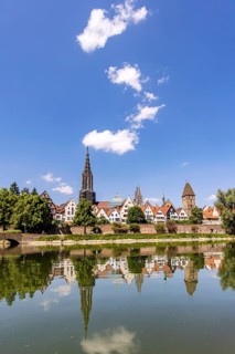 City view of Ulm with the Danube. Ulm Minster, Metzgerturm and old town. Ulm, Baden-Württemberg,
