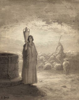 Jacob keeping Laban's flock and meets Rachel, woodcut by Gustave Doré