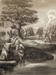 Baptism of Jesus by John the Baptist at the Jordan river, Steel engraving 1853, digitally restored