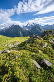 View from the Cabane du Louvie of the glaciated mountain peaks of the Grand Combine, Valais Alps,