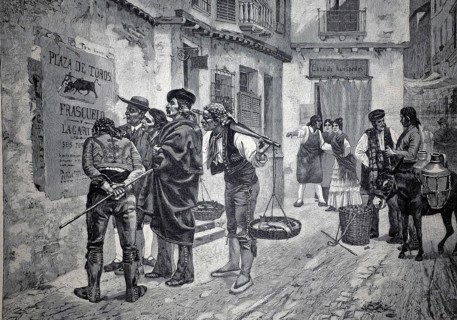 Announcement of a bull camp in Spain, 1896, illustration, reproduction from a 19th-century model.